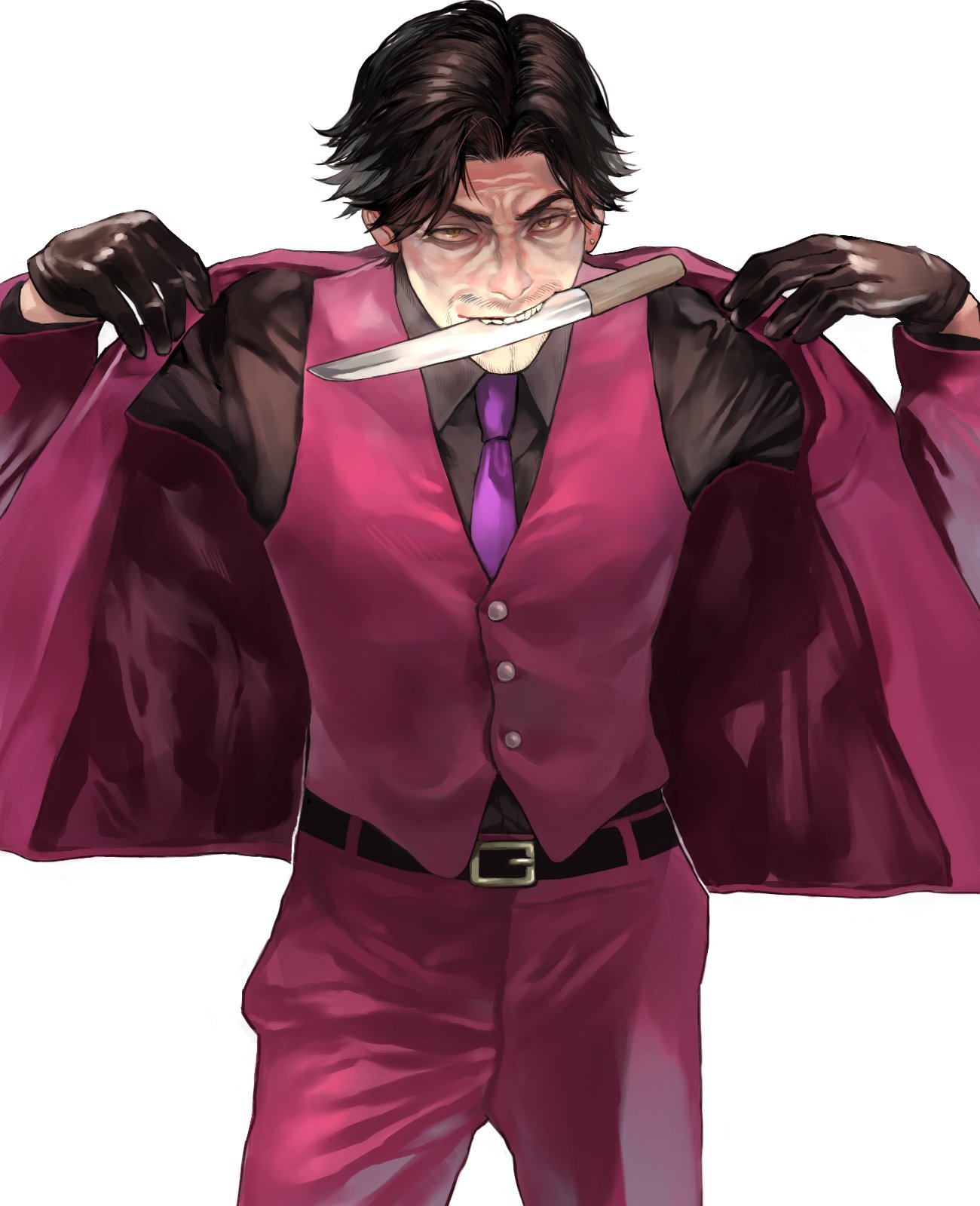 1boy, black_gloves, black_hair, black_shirt, dagger, ear_piercing, facial_hair, fangs