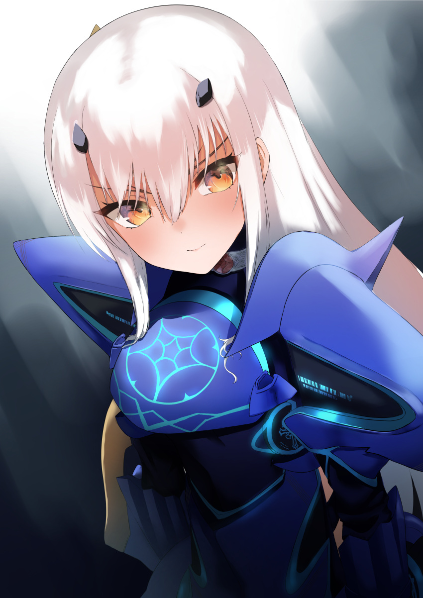 1girl, absurdres, armor, armored_dress, bangs, blue_armor, blue_dress, blush