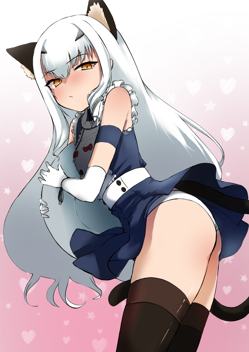 1girl, absurdres, alternate_costume, animal_ear_fluff, animal_ears, ass, bangs, bare_shoulders, black_legwear, blue_dress, blush, breasts, brown_eyes, cat_ears, cat_tail, dress, enmaided, fairy_knight_lancelot_(fate), fake_animal_ears, fate/grand_order, fate_(series), forked_eyebrows, frills, highres, long_hair, looking_at_viewer, maid, mikayu_1, sidelocks, small_breasts, solo, tail, thigh-highs, thighs, tray, white_hair