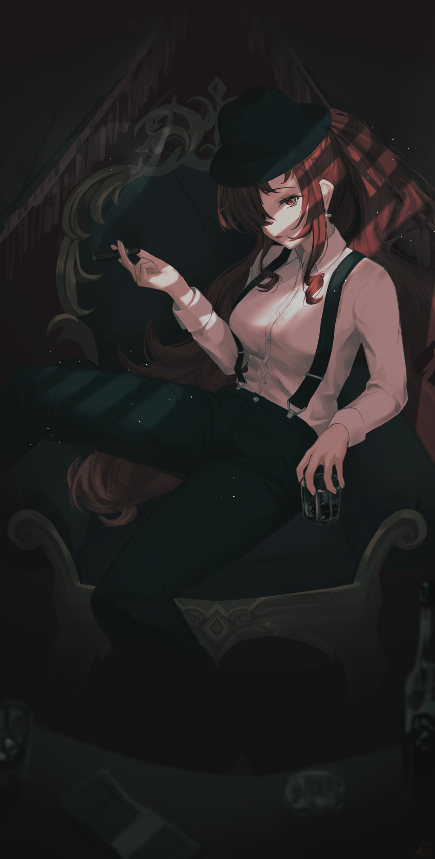 1girl, absurdres, breasts, cigar, collared_shirt, commission, commissioner_upload, cup