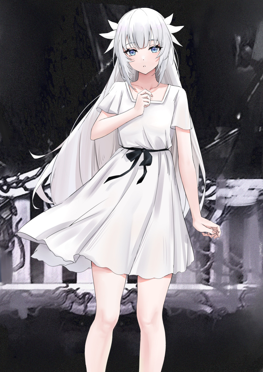 1girl, absurdres, arm_at_side, bangs, breasts, dress, ender_lilies_quietus_of_the_knights, hand_up, highres, kirin3145, lily_(ender_lilies), long_hair, looking_at_viewer, parted_lips, short_dress, short_sleeves, small_breasts, solo, standing, white_dress, white_hair