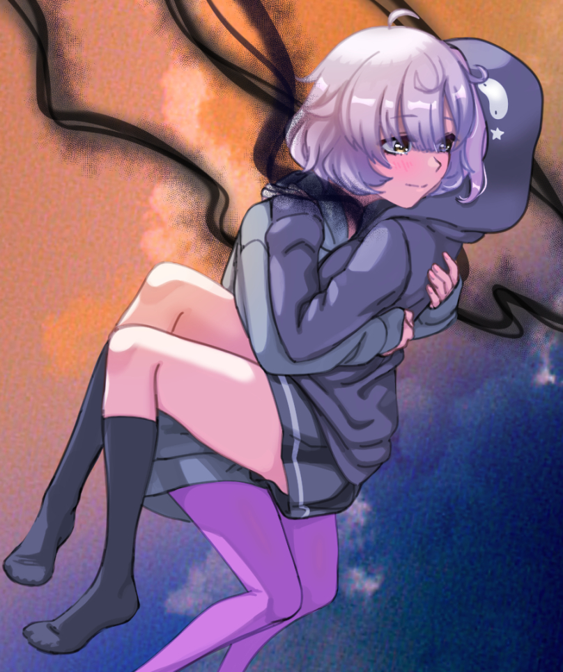 2girls, ahoge, bangs, black_dress, black_legwear, blue_background, blunt_bangs, blush