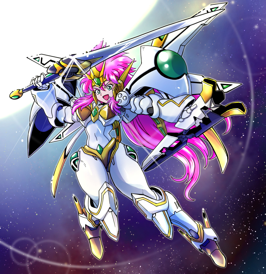 1girl, green_eyes, highres, holding, holding_sheath, holding_sword, holding_weapon, lens_flare