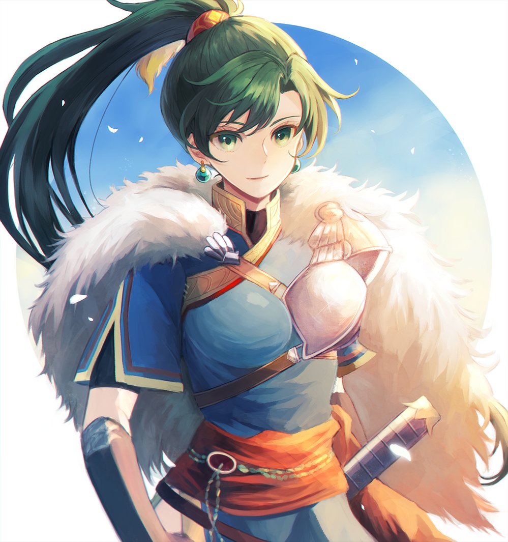 1girl, armor, black_shirt, blue_dress, coat, collared_shirt, dress, earrings, fire_emblem, fire_emblem:_the_blazing_blade, fur-trimmed_coat, fur_trim, green_eyes, green_hair, high_ponytail, jewelry, kro, long_hair, looking_at_viewer, lyn_(fire_emblem), ponytail, rope_belt, sheath, shirt, simple_background, smile, solo, sunlight, sword, very_long_hair, weapon