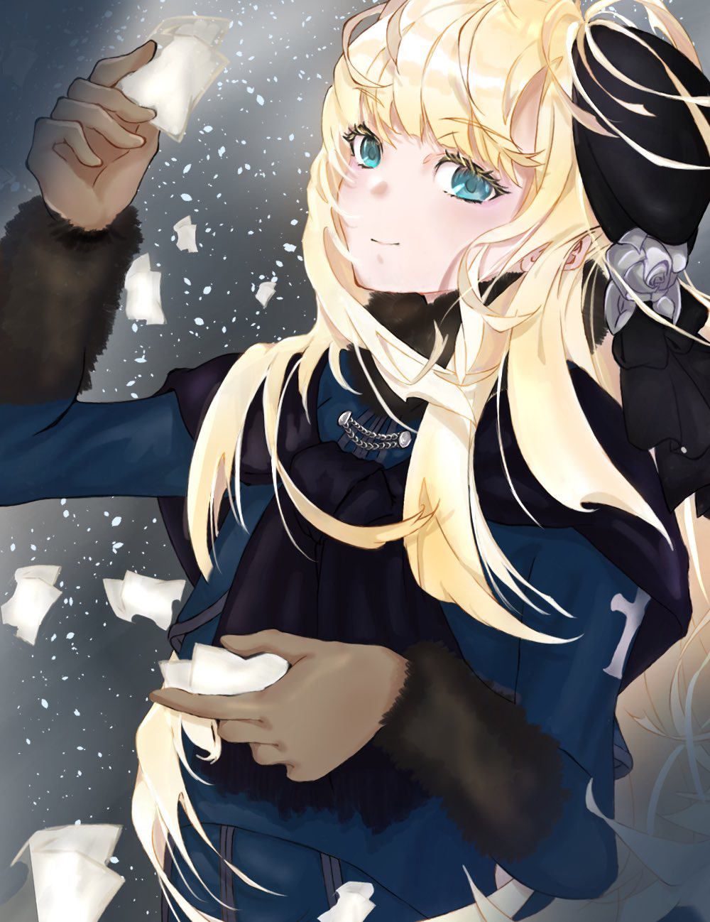1girl, aqua_eyes, bangs, beret, black_headwear, blonde_hair, blue_dress, blue_jacket