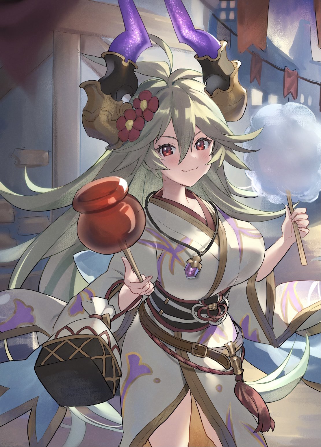 1girl, breasts, candy_apple, cotton_candy, draph, food, granblue_fantasy, grey_hair