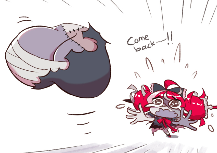 1girl, @_@, colored_skin, crying, disembodied_breast, double_bun, english_text, grey_hair