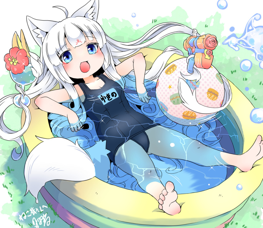 1girl, ahoge, animal_ears, ball, bangs, beachball, blue_eyes, blush, eyebrows_visible_through_hair, fox_ears, fox_girl, fox_tail, indie_virtual_youtuber, kotonoha_yukino, long_hair, looking_at_viewer, nomeoil, open_mouth, pool, school_swimsuit, smile, swimsuit, tail, virtual_youtuber, wading_pool, water_gun, white_hair