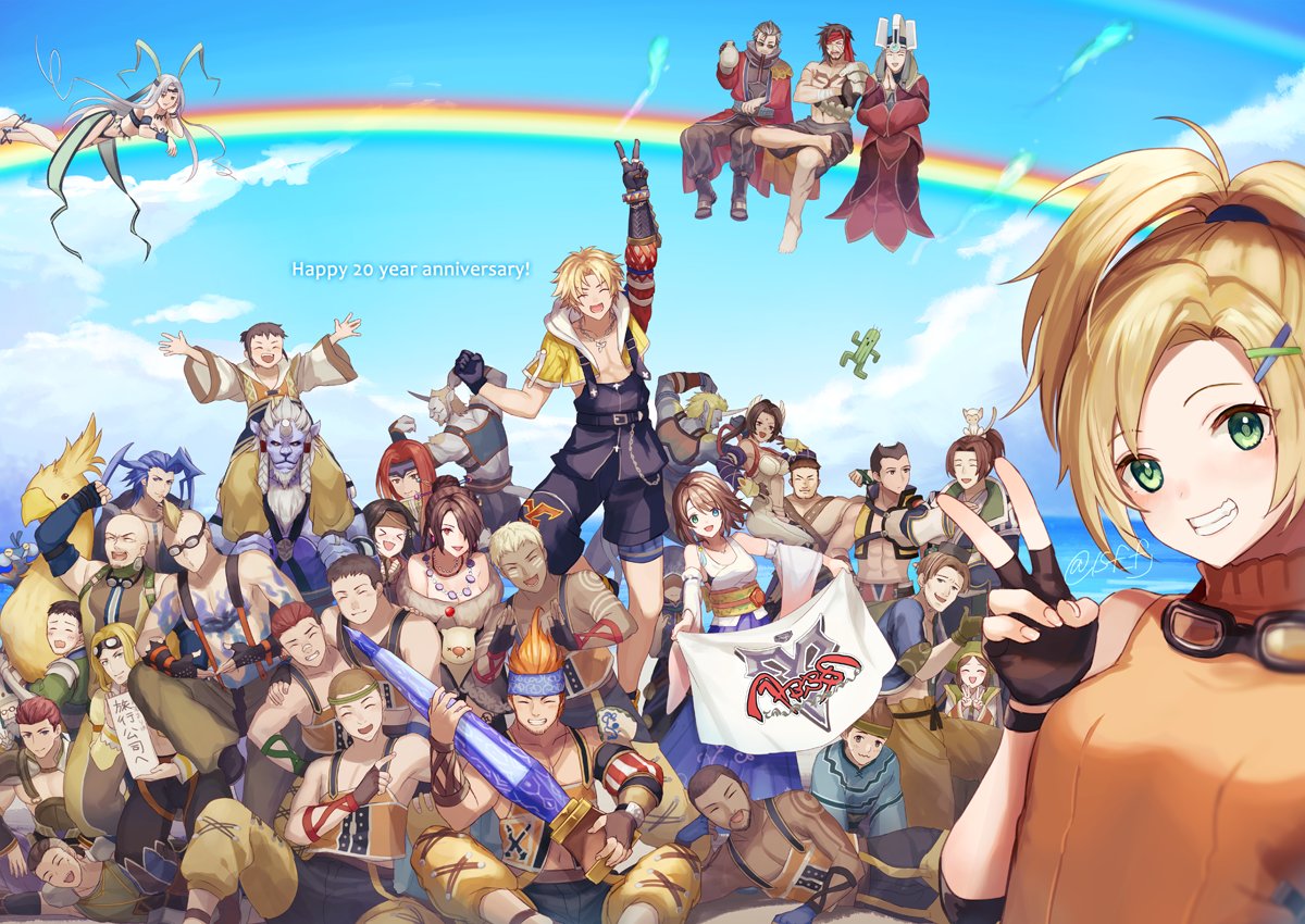 aniki_(ff10), auron, black_hair, blonde_hair, blue_eyes, braska, breasts, brown_hair