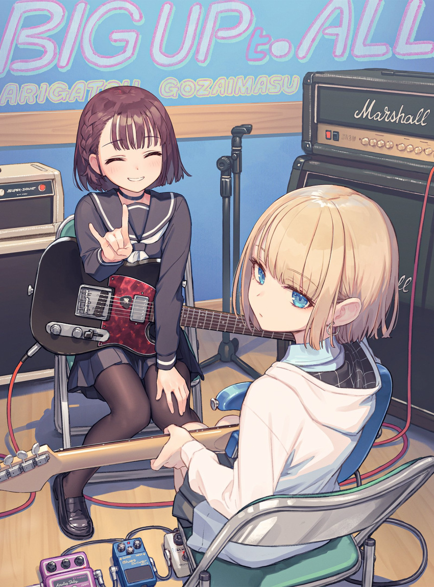 2girls, amplifier, bangs, black_footwear, blonde_hair, blue_eyes, braid, brown_hair