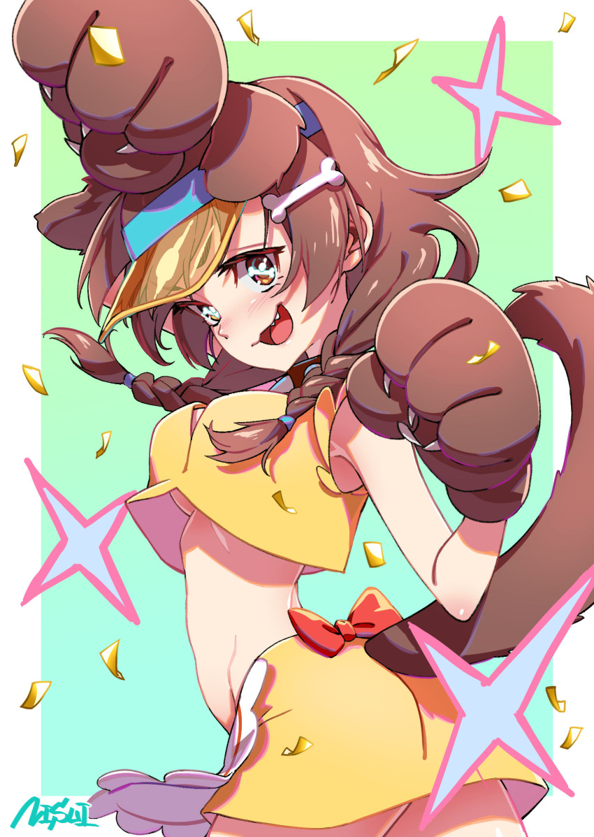 1girl, :3, animal_ears, animal_hands, bone-shaped_pupils, braid, breasts, brown_eyes, brown_hair, cowboy_shot, crop_top, dog_ears, dog_girl, dog_tail, doggy_god's_street, from_side, highres, hololive, inugami_korone, long_hair, looking_at_viewer, medium_breasts, midriff, nisui_noki, no_bra, open_mouth, skirt, sleeveless, smile, tail, twin_braids, under_boob, virtual_youtuber, visor