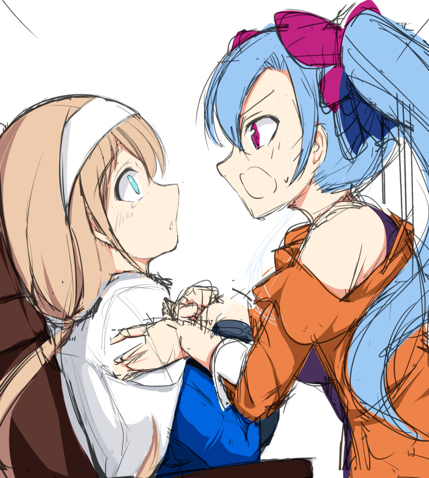 2girls, az_sainklaus, blonde_hair, blue_eyes, blue_hair, bow, breasts, capelet