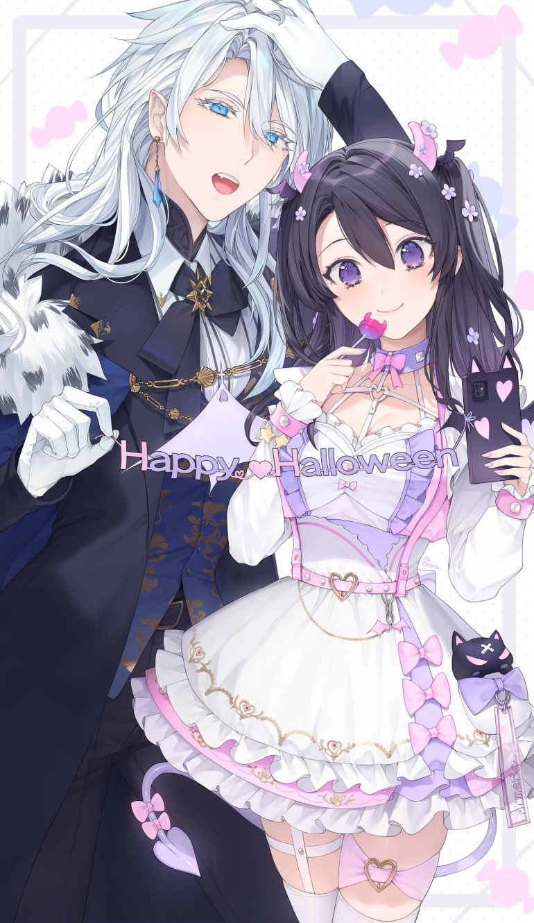 1boy, 1girl, black_hair, black_pants, blue_eyes, bow, breasts, cellphone