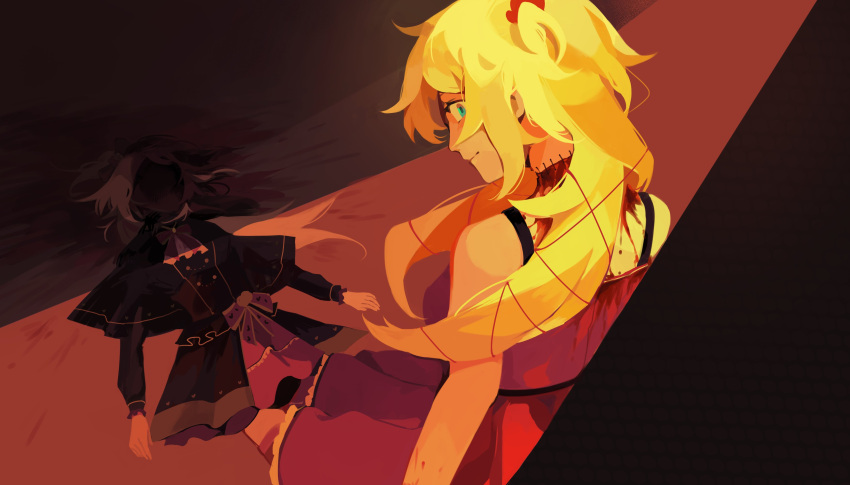 2girls, absurdres, akai_haato, aqua_eyes, bangs, bare_shoulders, blonde_hair, blood