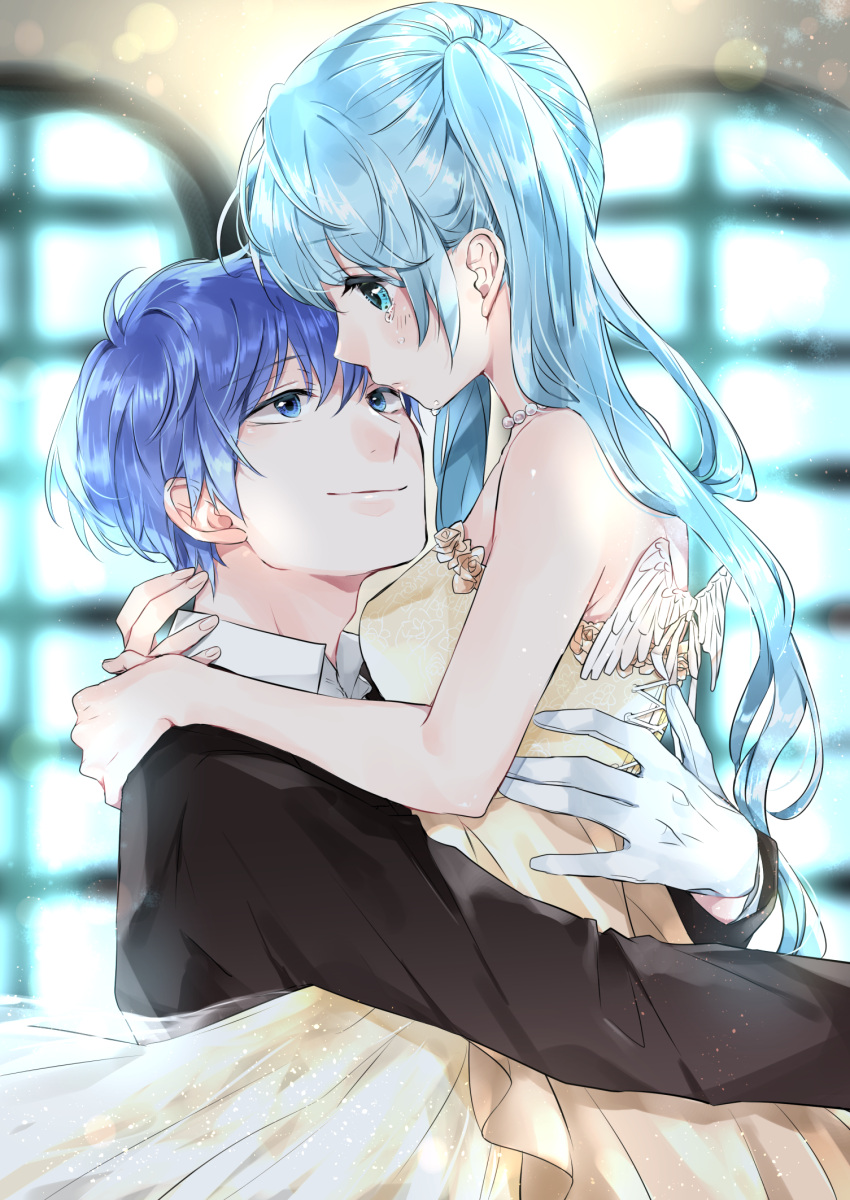 1boy, 1girl, aqua_eyes, bare_shoulders, black_suit, blue_eyes, blue_hair, breasts