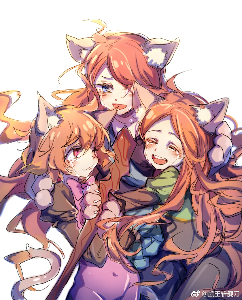 3girls, animal_ears, animal_hands, cat_ears, crying, dungeon_and_fighter, elda_(dungeon_and_fighter), hug, long_hair, multiple_girls, redhead, shoulin_siu, siblings, sisters, sketch, skuldi, smile, staff, tears, verdil, white_background