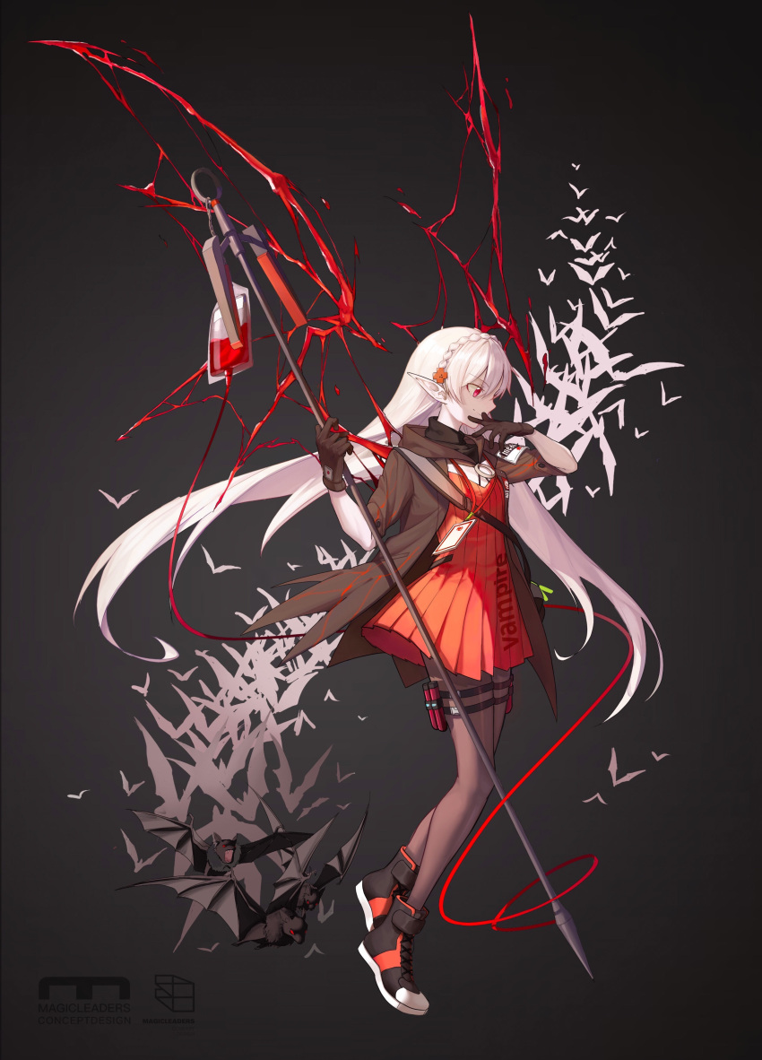 1girl, absurdres, arknights, bat, black_background, black_footwear, black_gloves, black_jacket, black_legwear, blood, blood_bag, blood_wings, braid, colored_skin, cross_hair_ornament, crown_braid, ditto_(specular), dress, eyebrows_visible_through_hair, full_body, gloves, hair_ornament, highres, holding, holding_staff, id_card, jacket, long_hair, open_clothes, open_jacket, pantyhose, pleated_dress, pointy_ears, red_dress, red_eyes, short_sleeves, solo, staff, thigh_strap, very_long_hair, warfarin_(arknights), white_hair, white_skin