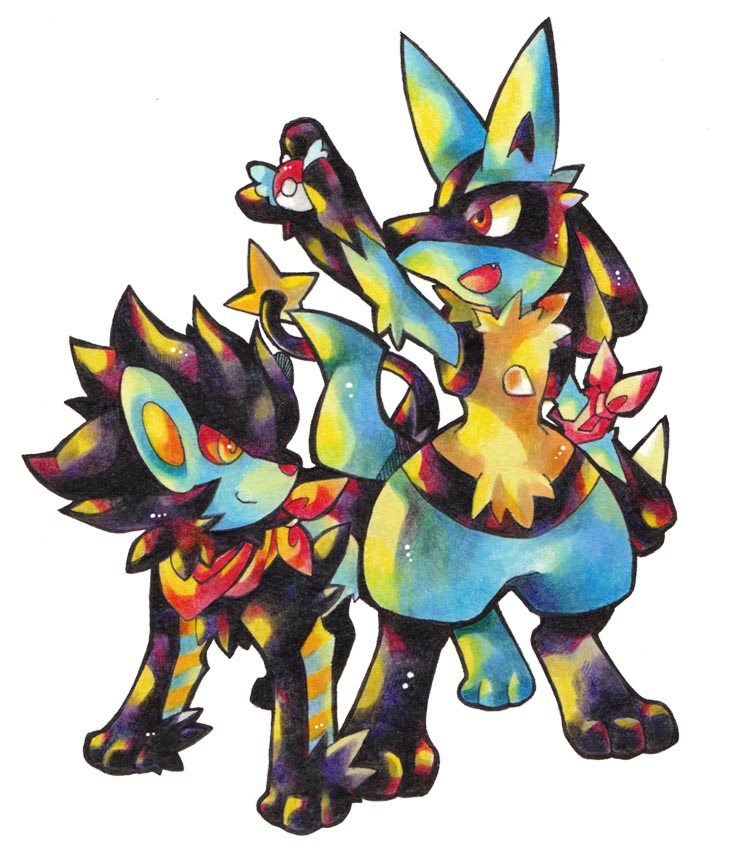 animal_hands, black_hair, closed_mouth, fang, furry, holding, izumi_asuka, lucario, luxray, marker_(medium), no_humans, open_mouth, poke_ball, pokemon, pokemon_(creature), red_eyes, simple_background, smile, spikes, standing, traditional_media, white_background