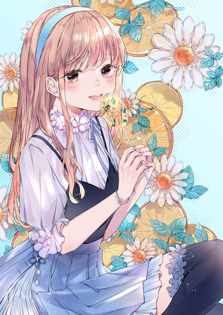 1girl, bangs, black_legwear, blonde_hair, blue_hairband, blush, breasts, brown_eyes