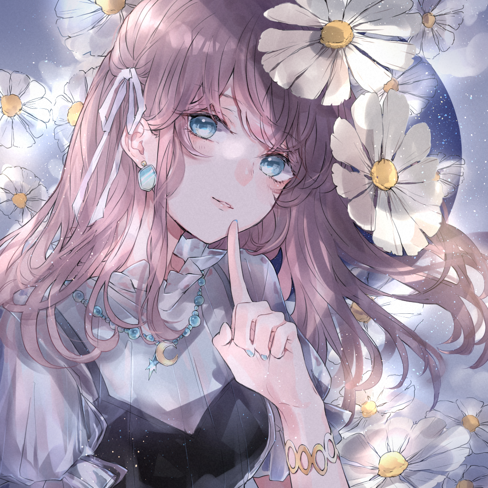 1girl, bangs, blouse, blue_eyes, blue_nails, brown_hair, earrings, flower
