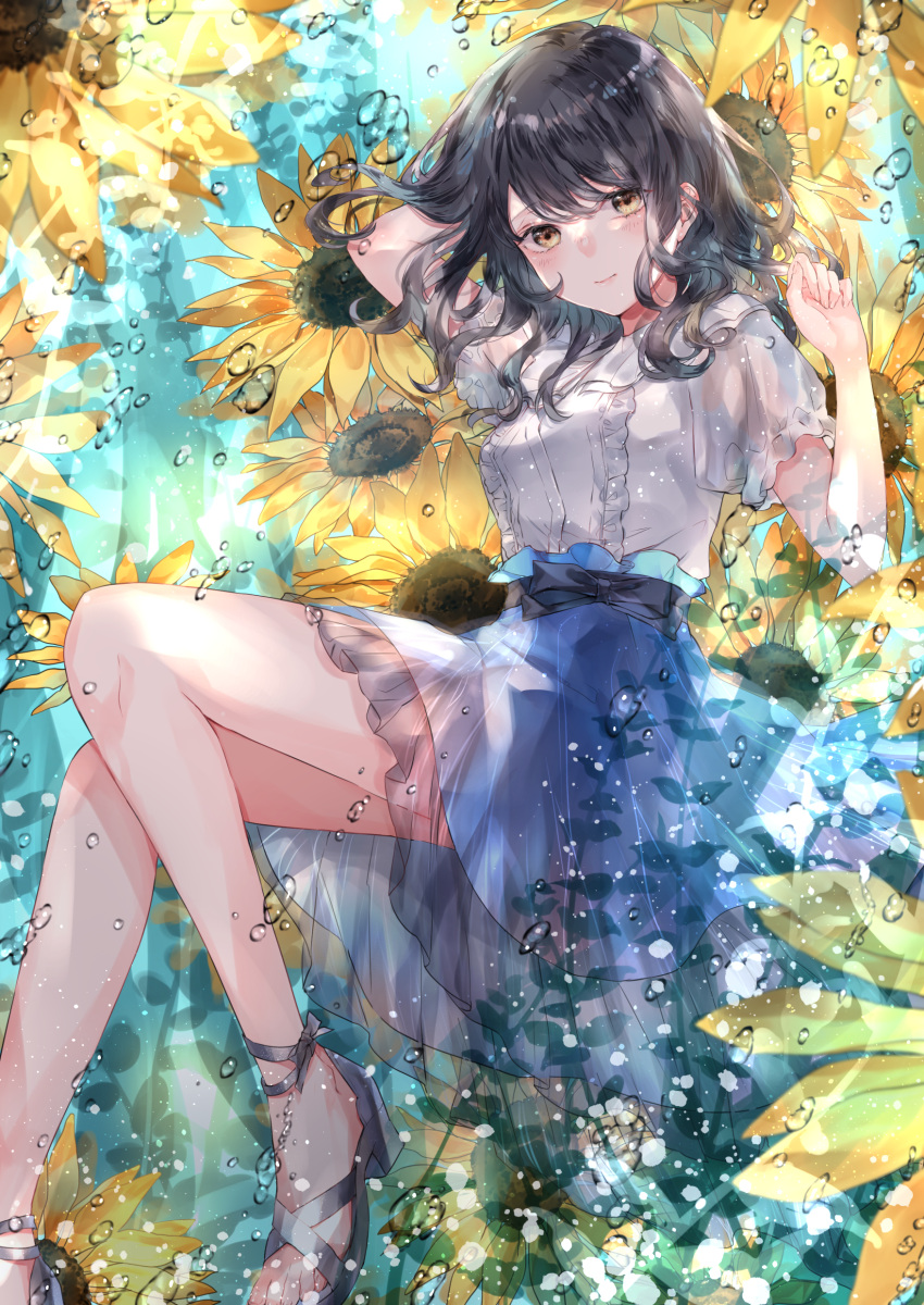 1girl, absurdres, bangs, bare_legs, black_hair, blue_bow, blue_skirt, blush, bow, breasts, flower, highres, long_hair, looking_at_viewer, medium_breasts, motimoti067, original, sandals, shirt, short_sleeves, skirt, smile, solo, strappy_heels, sunflower, underwater, water, white_shirt, yellow_eyes