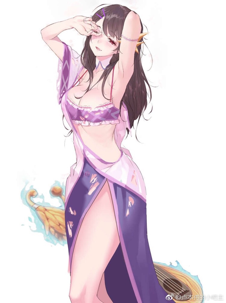 1girl, arm_behind_back, armpits, bare_legs, dungeon_and_fighter, floating_instrument, guitar, instrument, iris_fortune_singer, long_hair, mouth, purple_hair, rubbing_eyes, shaiji, sleepy, swimsuit, torn_clothes, white_background