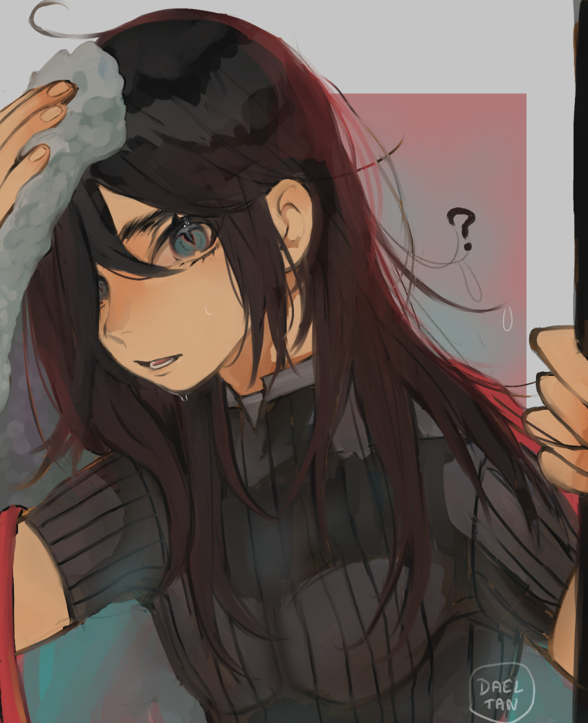 1boy, ?, alternate_hairstyle, black_hair, black_shirt, blue_eyes, dadeltan, hair_between_eyes