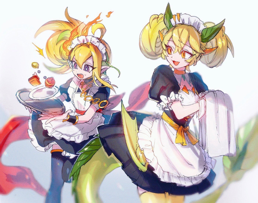 2girls, ahoge, alternate_costume, apron, black_choker, black_legwear, blonde_hair, breasts