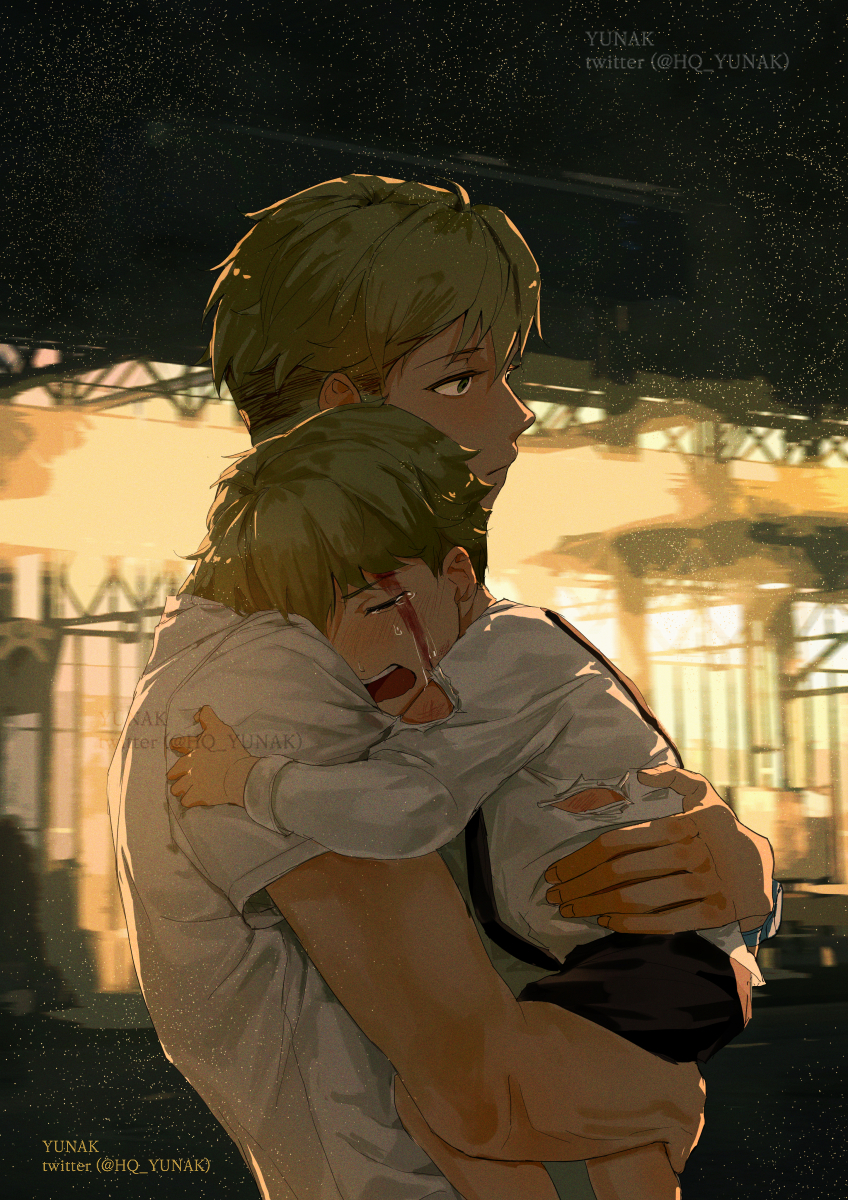 1boy, age_comparison, black_shorts, blonde_hair, blood, blood_on_face, blue_eyes, blurry, blurry_background, carrying, carrying_person, child, child_carry, closed_eyes, crying, depth_of_field, head_on_another's_shoulder, highres, hq_yunak, hug, injury, looking_afar, open_mouth, shirt, short_sleeves, shorts, sobbing, spy_x_family, streaming_tears, suspenders, t-shirt, tears, torn_clothes, twilight_(spy_x_family), undercut, watermark, white_shirt, younger