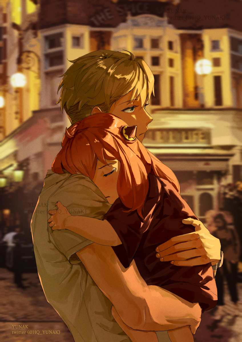 1boy, 1girl, anya_(spy_x_family), black_dress, blonde_hair, blue_eyes, blurry, blurry_background