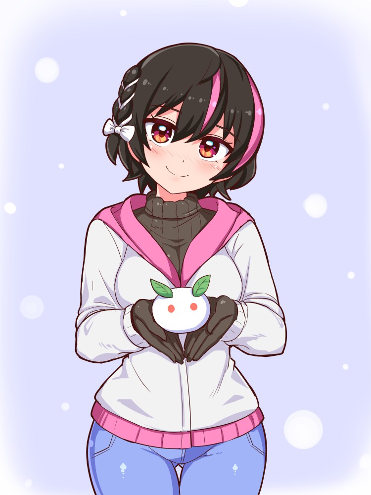 1girl, ass_visible_through_thighs, bangs, beatus_creation, black_gloves, black_hair, black_sweater, blue_pants