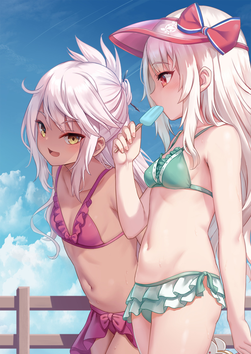2girls, bangs, bare_shoulders, bikini, blue_panties, blue_sky, blush, bow, breasts, chloe_von_einzbern, dark-skinned_female, dark_skin, eating, fate/grand_order, fate/kaleid_liner_prisma_illya, fate_(series), food, green_bikini, hair_between_eyes, hair_bun, hair_ornament, hairpin, half_updo, highres, illyasviel_von_einzbern, illyasviel_von_einzbern_(swimsuit_archer), long_hair, milkshakework, multiple_girls, navel, open_mouth, orange_eyes, panties, pink_bikini, pink_hair, pink_panties, popsicle, red_bow, red_eyes, revision, sidelocks, sky, small_breasts, smile, summer, swimsuit, thighs, underwear, visor_cap, white_hair, yellow_eyes