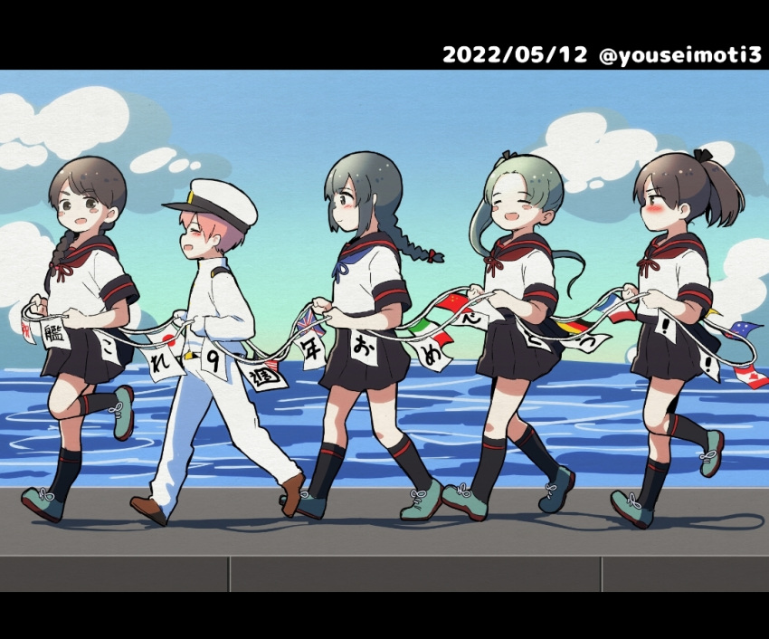 1boy, 4girls, admiral_(kancolle), ayanami_(kancolle), ayanami_kai_ni_(kancolle), black_hair, black_legwear, black_sailor_collar