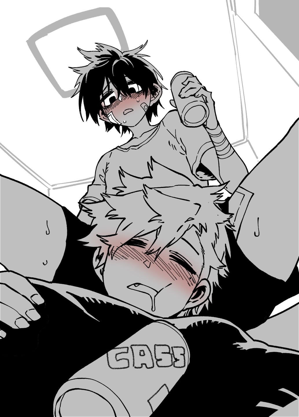 2boys, alcohol, bandage_on_thigh, bandaid, bandaid_on_face, beer_can, blush, can, drunk, fang, from_below, greyscale, highres, jeong_surim, lee_hoon, looking_down, male_focus, messy_hair, monochrome, multiple_boys, open_mouth, parkgee, saliva, shirt, sleeping, suicide_boy, sweat, t-shirt