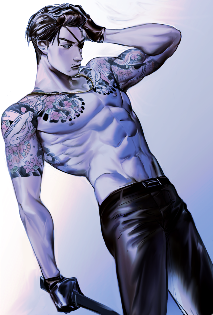 1boy, abs, bandages, black_gloves, black_hair, black_pants, blue_background, blue_theme
