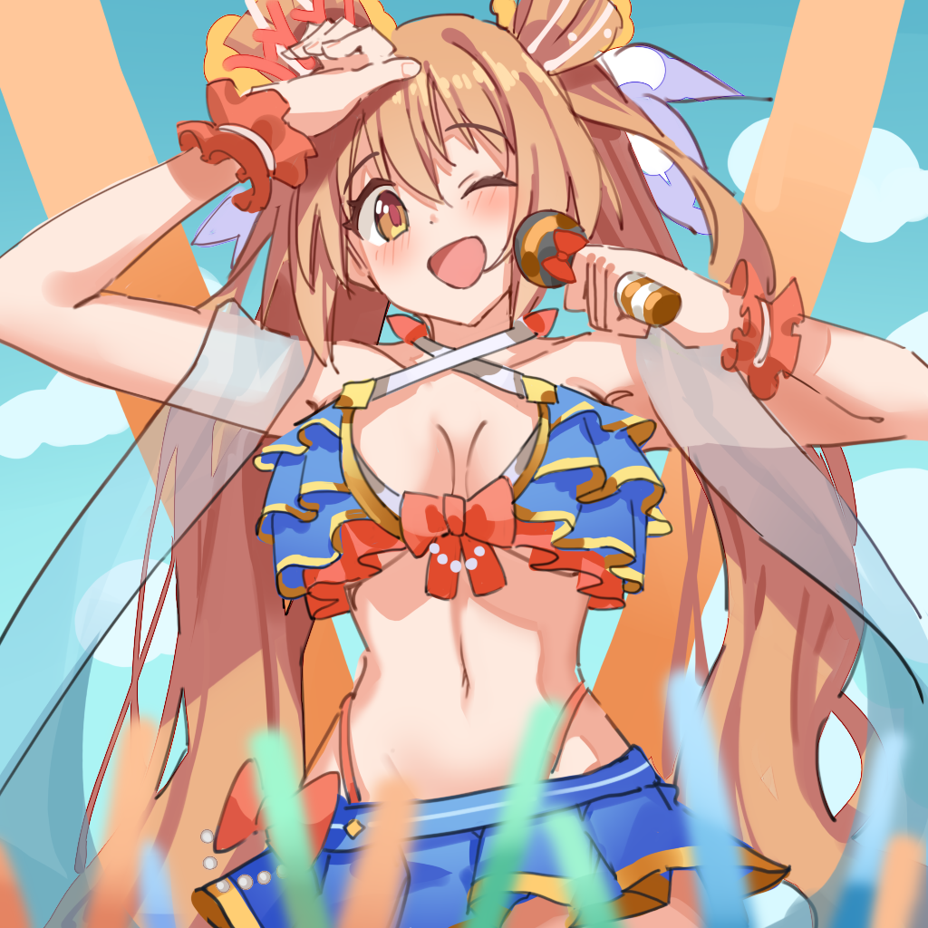 1girl, bangs, bikini, blurry, blurry_foreground, blush, bow, breasts