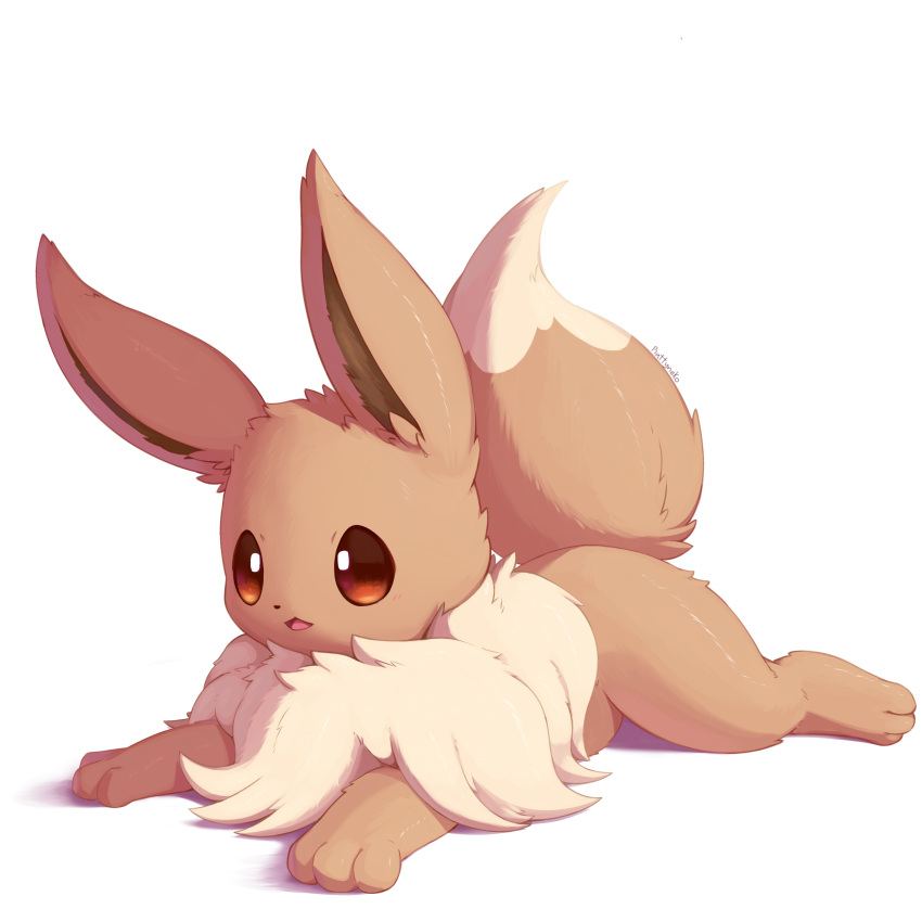 absurdres, brown_eyes, eevee, highres, lying, nevedoodle, no_humans, on_stomach, open_mouth, pokemon, pokemon_(creature), simple_background, solo