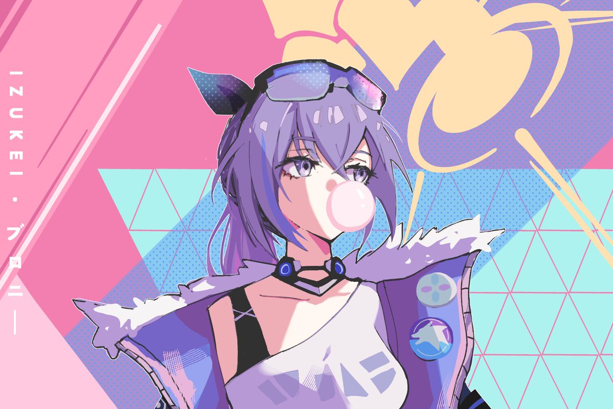 1girl, artist_name, bangs, black_jacket, bronya_rand, bubble_blowing, character_name, eyewear_on_head