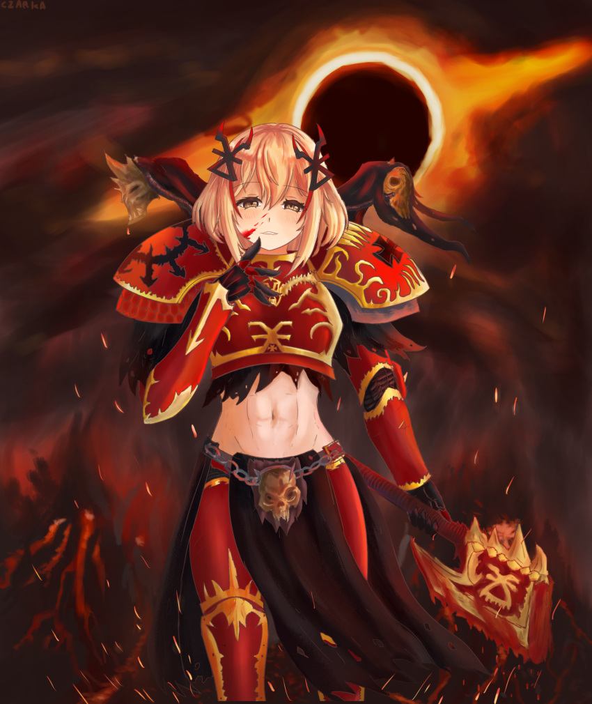 1girl, abs, armor, axe, azur_lane, black_sun, blonde_hair, blood, blood_on_face, blood_on_weapon, brown_eyes, chainsaw, chaos_(warhammer), chaos_space_marine, cosplay, czarka123, eyebrows_visible_through_hair, hair_between_eyes, hair_ornament, highres, holding, holding_axe, holding_weapon, khorne, khorne_berserker, khorne_berserker_(cosplay), medium_hair, power_armor, roon_(azur_lane), shoulder_armor, sidelocks, skull_ornament, sun, warhammer_40k, weapon