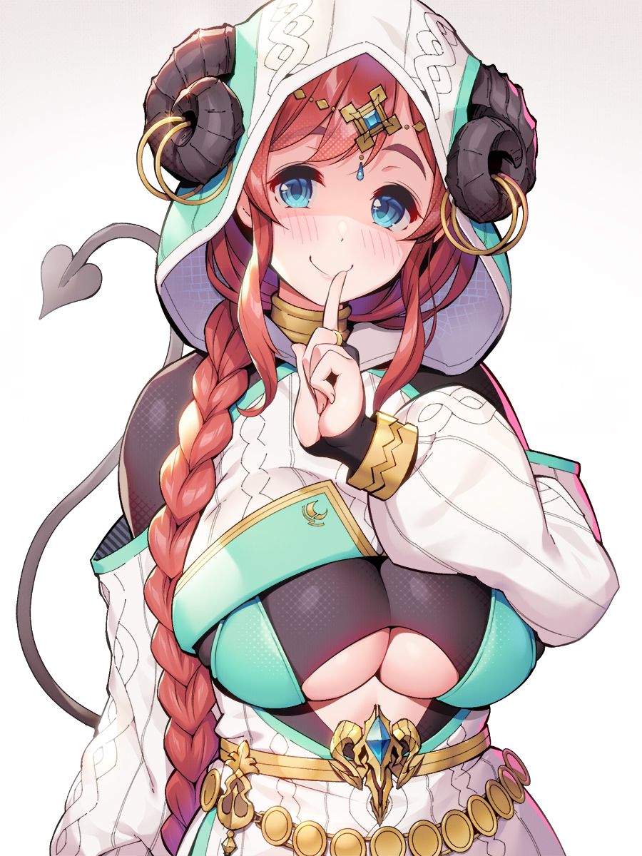 1girl, blue_eyes, bodysuit, braid, breasts, brown_hair, demon_tail, headgear