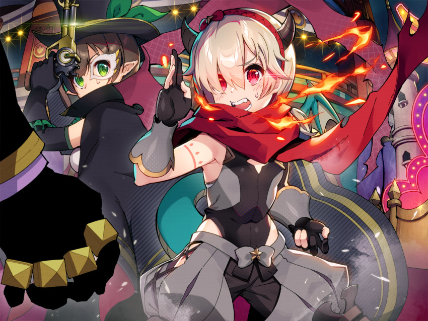 2girls, bangs, blonde_hair, breasts, brown_hair, cape, character_request, elbow_gloves