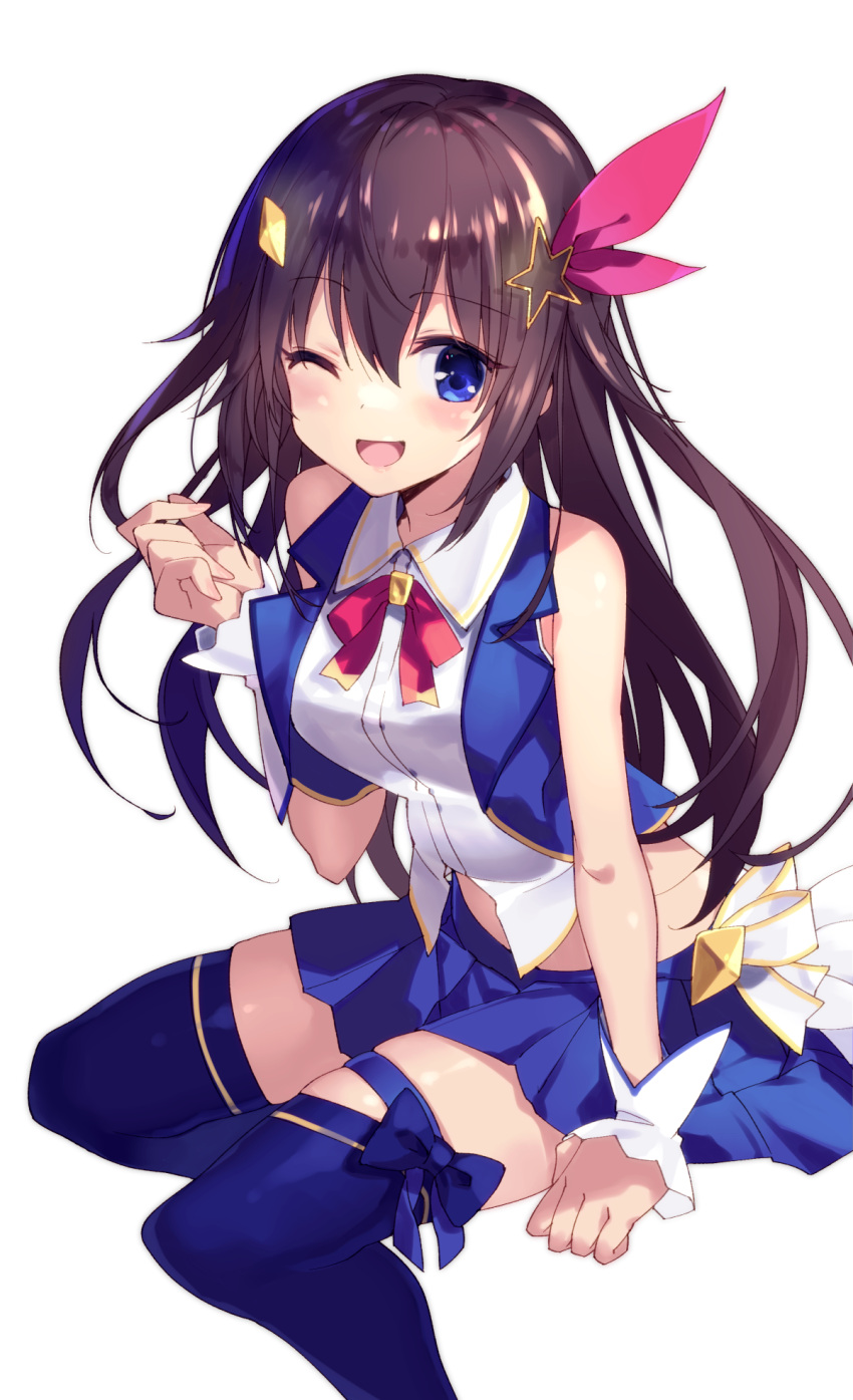 1girl, bare_shoulders, blush, breasts, brown_hair, hair_ornament, hairclip, highres