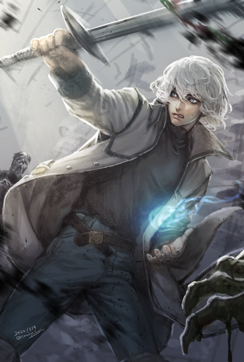 battle, belt, blood, blue_eyes, blue_fire, casting_spell, castlevania, castlevania:_aria_of_sorrow, claws, clenched_teeth, coat, dated, denim, fingernails, fire, flame, hair_between_eyes, highres, holding, holding_sword, holding_weapon, jeans, light_blue_eyes, looking_back, magic, male_focus, motion_blur, okiami_yukari, open_clothes, open_coat, open_mouth, pants, parted_lips, shirt_tucked_in, signature, solo_focus, soma_cruz, spell, sword, teeth, turtleneck, weapon, white_coat, white_hair, zombie