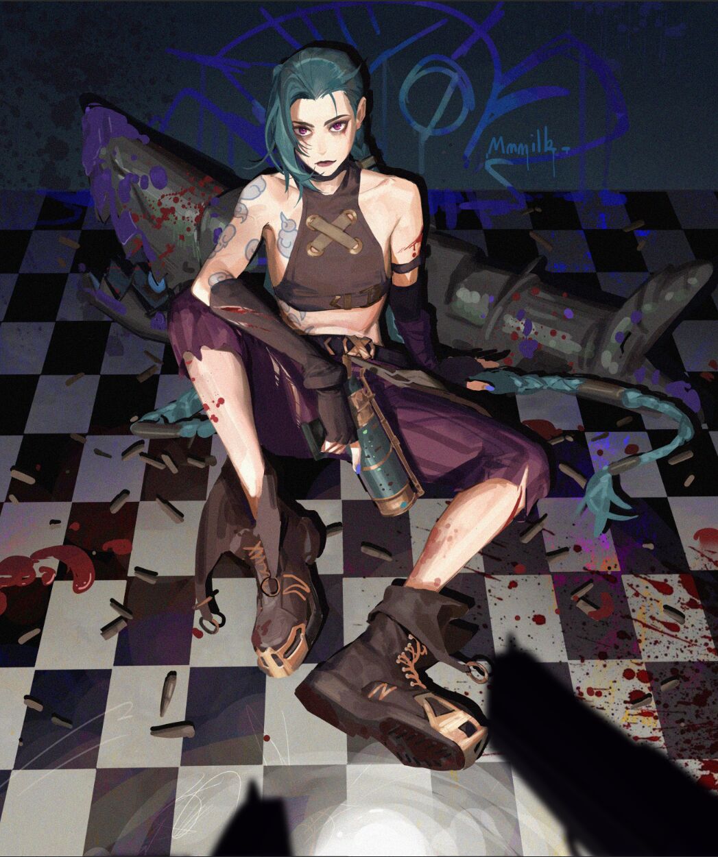 1girl, arcane:_league_of_legends, arm_tattoo, bare_shoulders, bleeding, blood, blood_on_arm, blood_on_leg, blood_on_weapon, blood_splatter, blue_gloves, blue_hair, boots, brown_footwear, brown_gloves, checkered, checkered_floor, closed_mouth, collarbone, covered_collarbone, fingerless_gloves, gloves, gun, handgun, highres, holding, holding_gun, holding_weapon, injury, jinx_(league_of_legends), league_of_legends, long_hair, makeup, mascara, mmmilk, paint, paint_splatter, pov, puddle_of_blood, purple_lips, runny_makeup, shell_casing, shoulder_tattoo, signature, sitting, smile, solo_focus, stomach_tattoo, striped, striped_legwear, tattoo, torn, torn_clothes, torn_gloves, torn_legwear, twintails, very_long_hair, violet_eyes, weapon