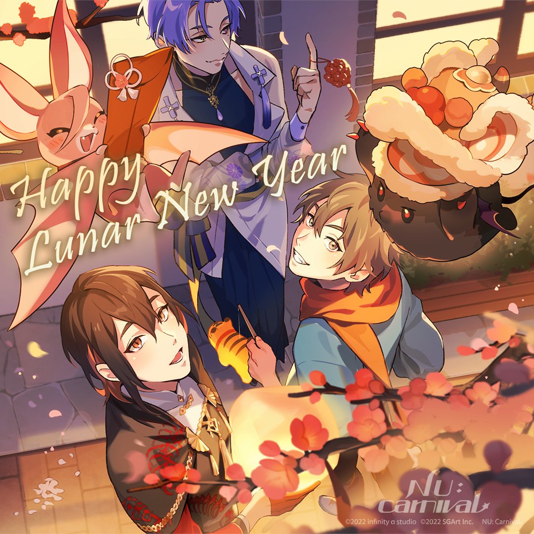3boys, aster_(nu_carnival), bat, brown_hair, cherry_blossoms, chinese_clothes, eiden_(nu_carnival), floral_print