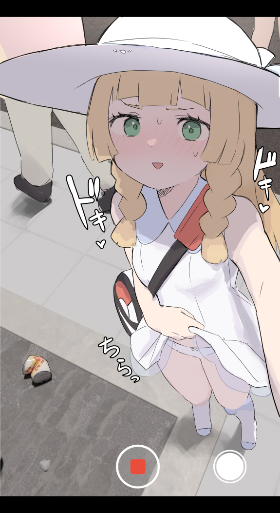1girl, bag, bangs, blonde_hair, blush, braid, clothes_lift, dress
