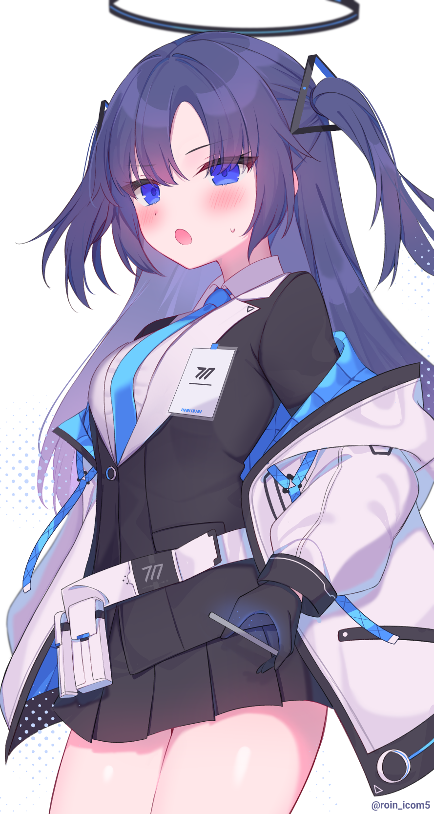 1girl, bangs, belt, belt_pouch, blue_archive, blue_eyes, blue_necktie, blush, breasts, collared_shirt, gloves, half_gloves, highres, id_card, jacket, miniskirt, multicolored_clothes, multicolored_jacket, necktie, off_shoulder, open_clothes, open_jacket, open_mouth, parted_bangs, pleated_skirt, pouch, purple_hair, roin, shirt, sidelocks, skirt, solo, two-tone_jacket, two_side_up, white_belt, white_shirt, yuuka_(blue_archive)
