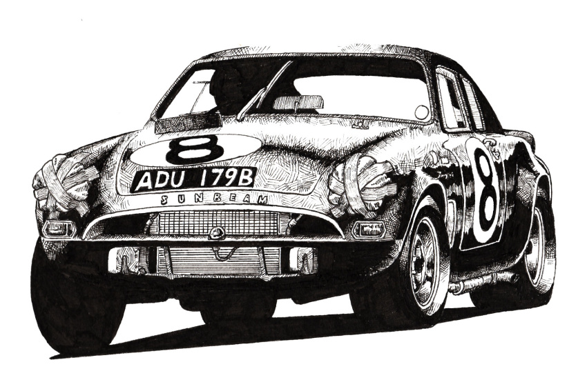 badge, car, exhaust, exhaust_pipe, greyscale, ground_vehicle, highres, license_plate, monochrome, motor_vehicle, open_window, original, race_vehicle, racecar, racing, radiator, rear-view_mirror, shadow, simple_background, spoiler_(automobile), steering_wheel, sunbeam_tiger, tape, tire, translation_request, tsumujimagari, wheel, white_background, window, windshield