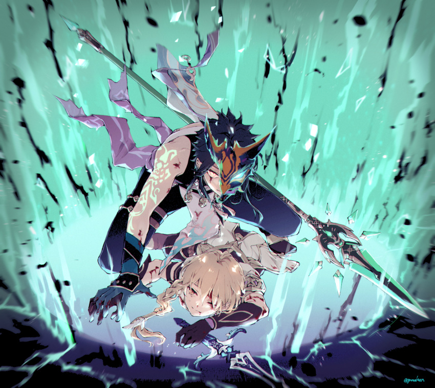 2boys, aether_(genshin_impact), arm_guards, arm_tattoo, armor, asymmetrical_clothes, bead_necklace, beads, black_gloves, bleeding, bleeding_from_forehead, blonde_hair, blood, blood_on_arm, blood_on_face, braid, braided_ponytail, commentary_request, dark_green_hair, detached_sleeves, dynamic_pose, genshin_impact, gloves, glowing_tattoo, gnmakosn, green_gloves, green_hair, hand_on_another's_hand, holding, holding_polearm, holding_weapon, jewelry, long_hair, lying, mask, multiple_boys, necklace, on_stomach, one_eye_closed, pendant, polearm, primordial_jade_winged-spear_(genshin_impact), protecting, sacrifical_sword_(genshin_impact), short_hair, short_hair_with_long_locks, signature, single_braid, single_detached_sleeve, spear, squatting, tassel, tattoo, toned, toned_male, twitter_username, weapon, wide_sleeves, xiao_(genshin_impact), yellow_eyes