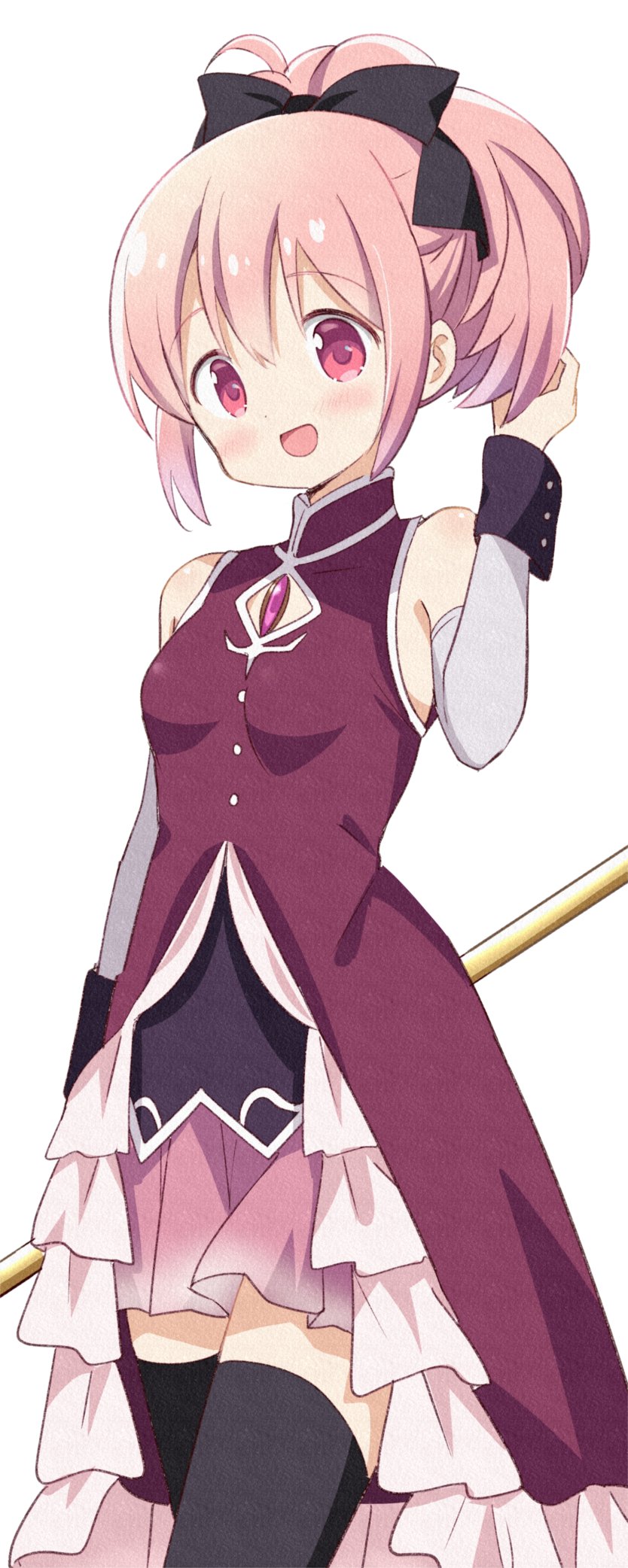 1girl, :d, arm_at_side, bare_shoulders, black_legwear, black_ribbon, black_wristband, breasts